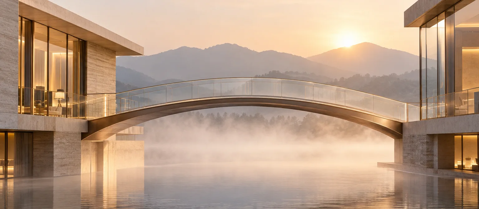 새벽 물안개 위로 두 건물을 잇는 아치 다리 (연출 이미지)